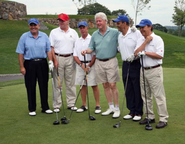BRIARCLIFF MANOR, NY - JULY 14: (L-R) Rudolph W. Giuliani, Donald Trump, Mayor Michael R. Bloomberg, Bill Clinton, Joe Torre, and Billy Crystal attend the 2008 Joe Torre Safe at Home Foundation Golf Classic at Trump National Golf Club on July 14, 2008 in Briarcliff Manor, New York. (Photo by Rick Odell/Getty Images)