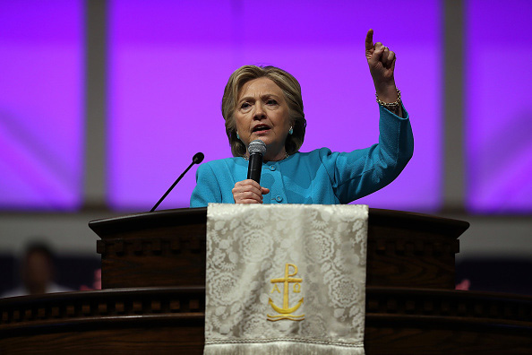 PHILADELPHIA, PA - NOVEMBER 06: Democratic presidential nominee former Secretary of State Hillary Clinton speaks during church services at Mt. Airy Church of God in Christ on November 6, 2016 in Philadelphia, Pennsylvania. With two days to go until election day, Hillary Clinton is campaigning in Florida and Pennsylvania. (Photo by Justin Sullivan/Getty Images)