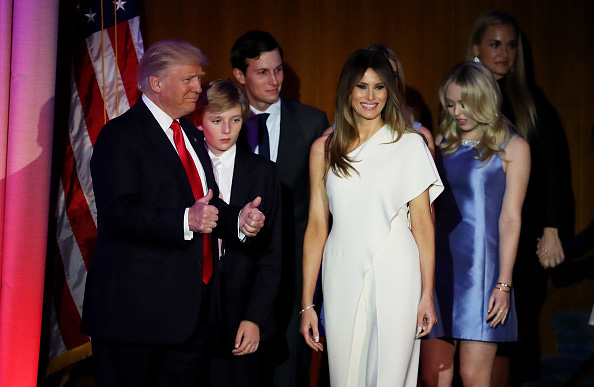 NEW YORK, NY - NOVEMBER 09:  Republican president-elect Donald Trump acknowledges the crowd along with his son (L-R) Barron Trump, wife Melania Trump, Jared Kushner and Tiffany Trump during his election night event at the New York Hilton Midtown in the early morning hours of November 9, 2016 in New York City. Donald Trump defeated Democratic presidential nominee Hillary Clinton to become the 45th president of the United States.  (Photo by Mark Wilson/Getty Images)