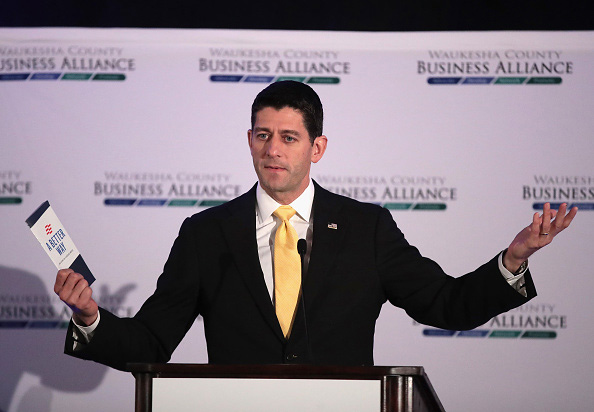 BROOKFIELD, WI - OCTOBER 13: Speaker of the House Paul Ryan (R-WI) speaks with business and community leaders at the Waukesha County Business Alliance luncheon on October 13, 2016 in Brookfield, Wisconsin. Although the event program stated that Ryan would take questions from the audience he left without taking any. Ryan recently told his colleagues in the House that he would no longer defend or campaign for Donald Trump, the Republican nominee for president. (Photo by Scott Olson/Getty Images)